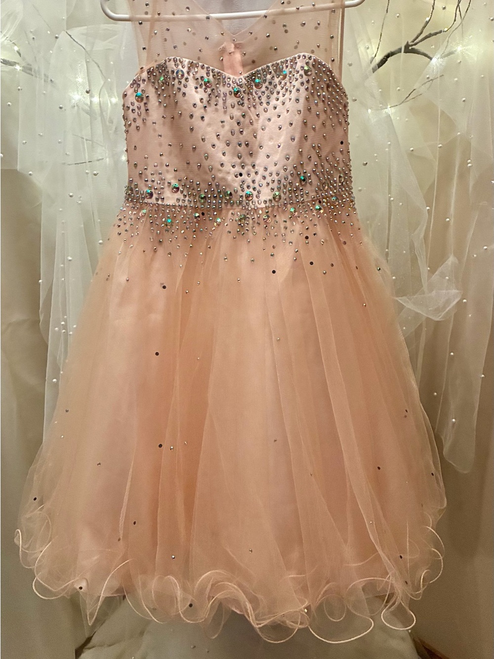 Blush Pink Sequin Tulle Party Dress with Satin Bow.  Cinderella Couture brand